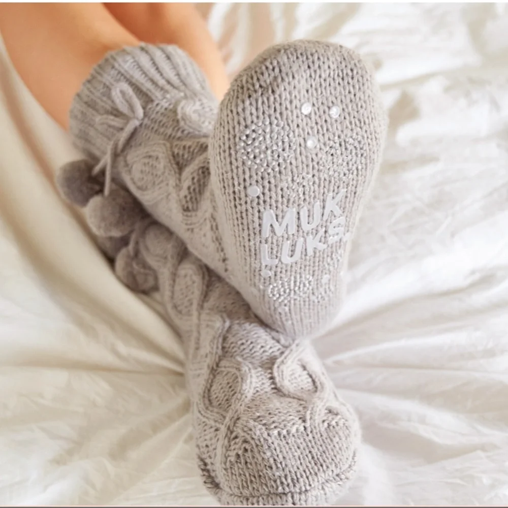 Muk Luks Gray Pom Pom Cabin Socks